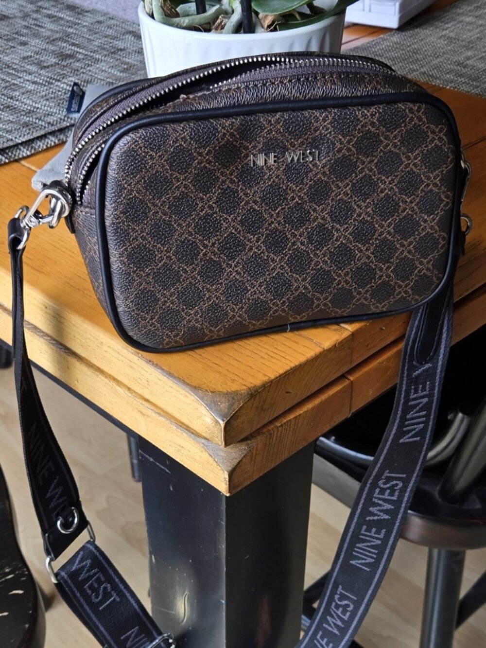 Nine West Logo Crossbody Bag – Brown Pattern, Adjustable Branded Strap